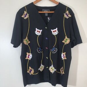 Bobbie C Cat Print Top Womens Large Black Beaded Novelty Buttons Embroidered